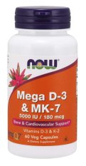NOW Mega D3 & MK-7, Vitamín d3 5000 IU & Vitamín K2 180 ug, 60 rostlinných kapslí
