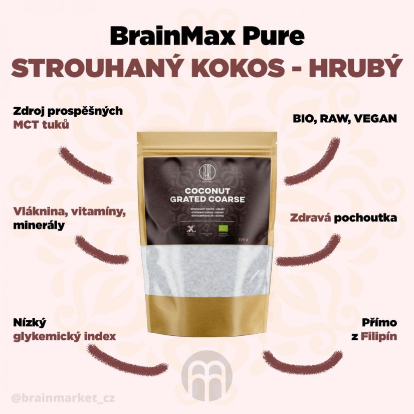 BrainMax Pure Coconut Grated Coarse, Kokos strouhaný, hrubý, BIO, 200 g