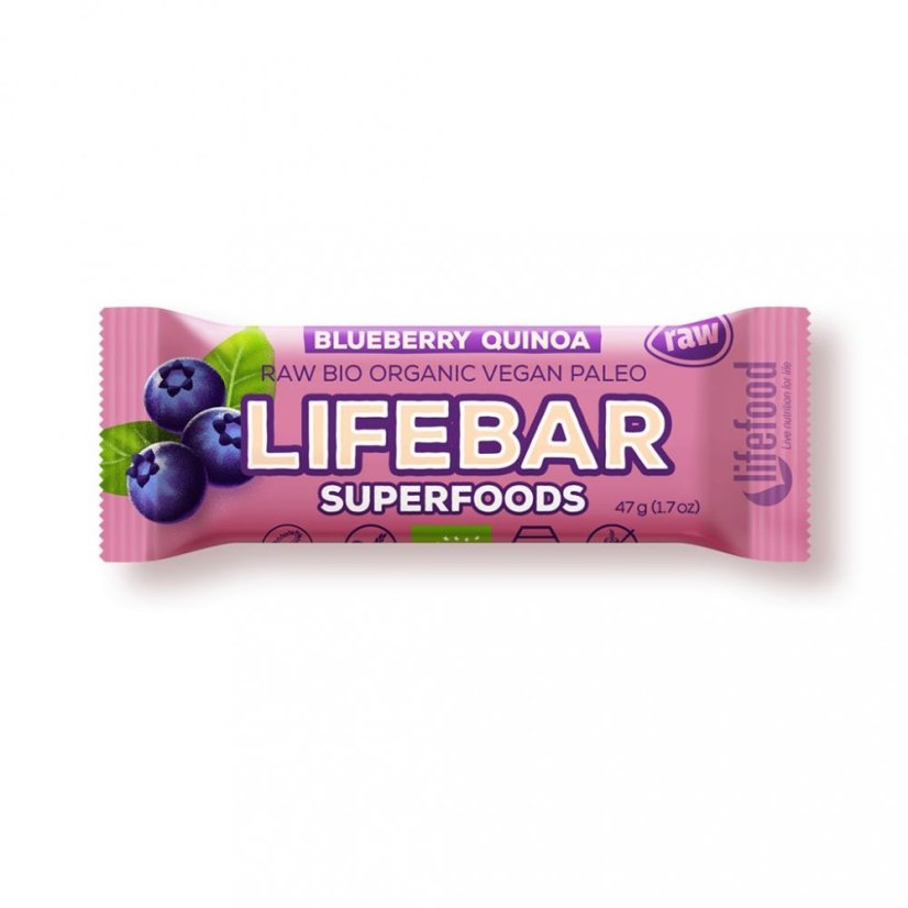 LifeFood - Tyčinka Lifebar borůvková s quinoou BIO, RAW, 47 g