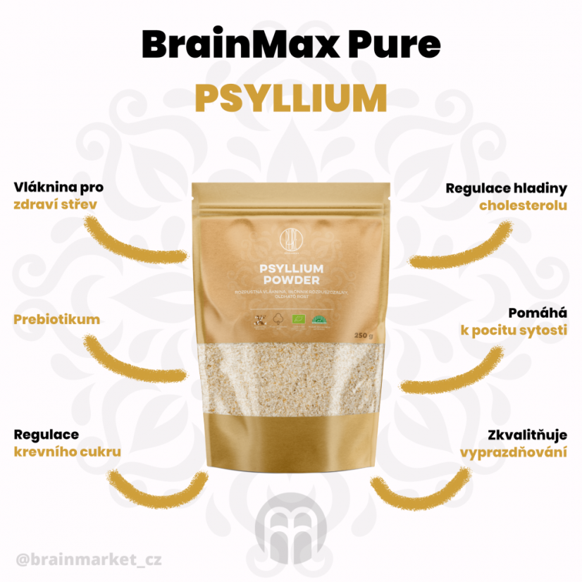 BrainMax Pure Psyllium, rozpustná vláknina, 250 g, BIO