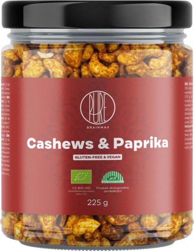 BrainMax Pure Cashews & Paprika, Kešu & Červená paprika, BIO, 225 g