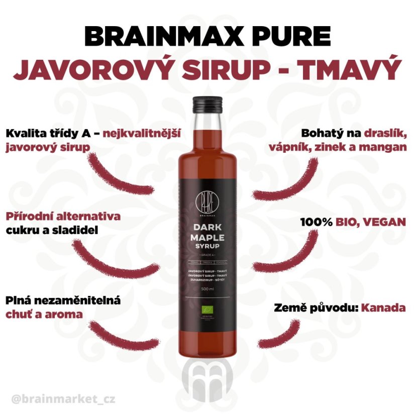 BrainMax Pure Dark Maple Syrup, Javorový sirup Grade A, tmavý, BIO, 500ml