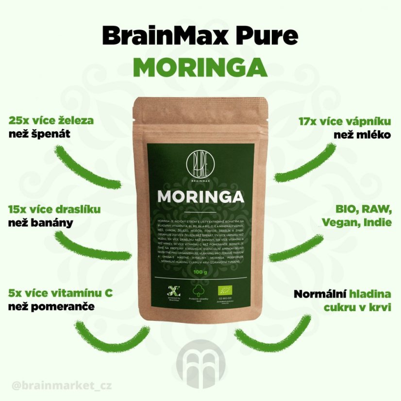 BrainMax Pure Moringa BIO prášek, 100 g