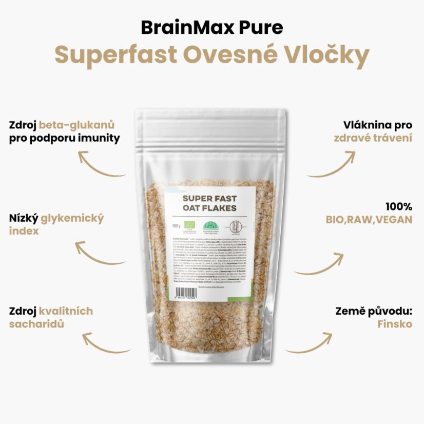 BrainMax Pure Superfast Ovesné Vločky BIO, 1kg