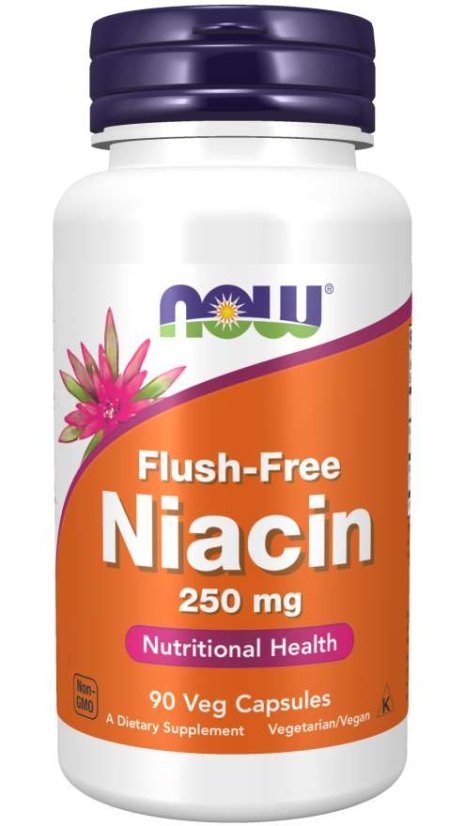 NOW Niacin, Bez vedlejšího účinku zčervenání, 250 mg, 90 rostlinných kapslí