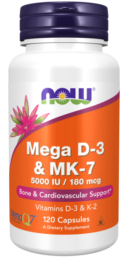 NOW Mega D3 & MK-7, Vitamín d3 5000 IU & Vitamín K2 180 ug, 120 rostlinných kapslí