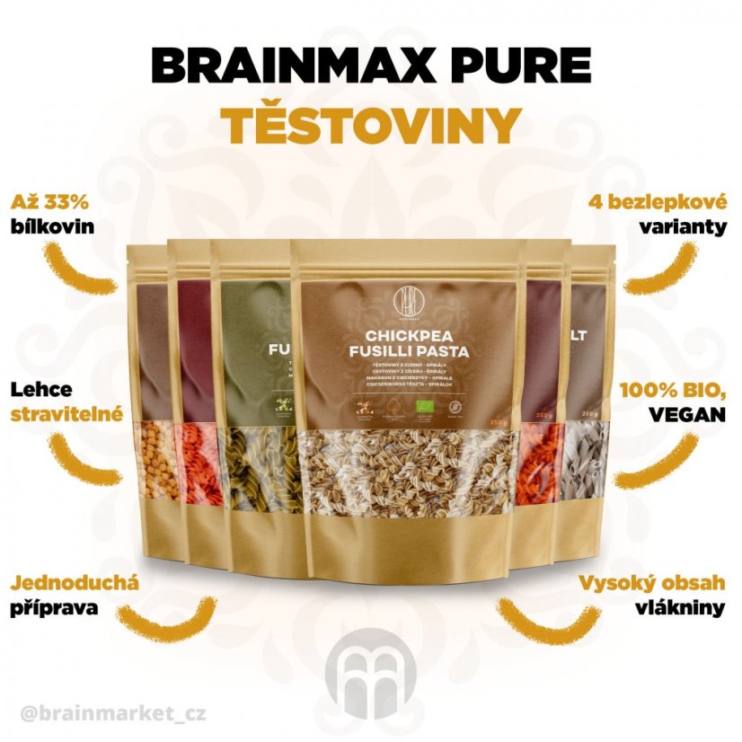 BrainMax Pure Proteinové těstoviny z červené čočky, spirály, BIO, 250 g