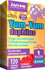 Jarrow Yum-Yum Dophilus (probiotika pro děti), 1 milarda organismů, 4 probiotické kmeny, Malina, 120 žvýkacích pastilek