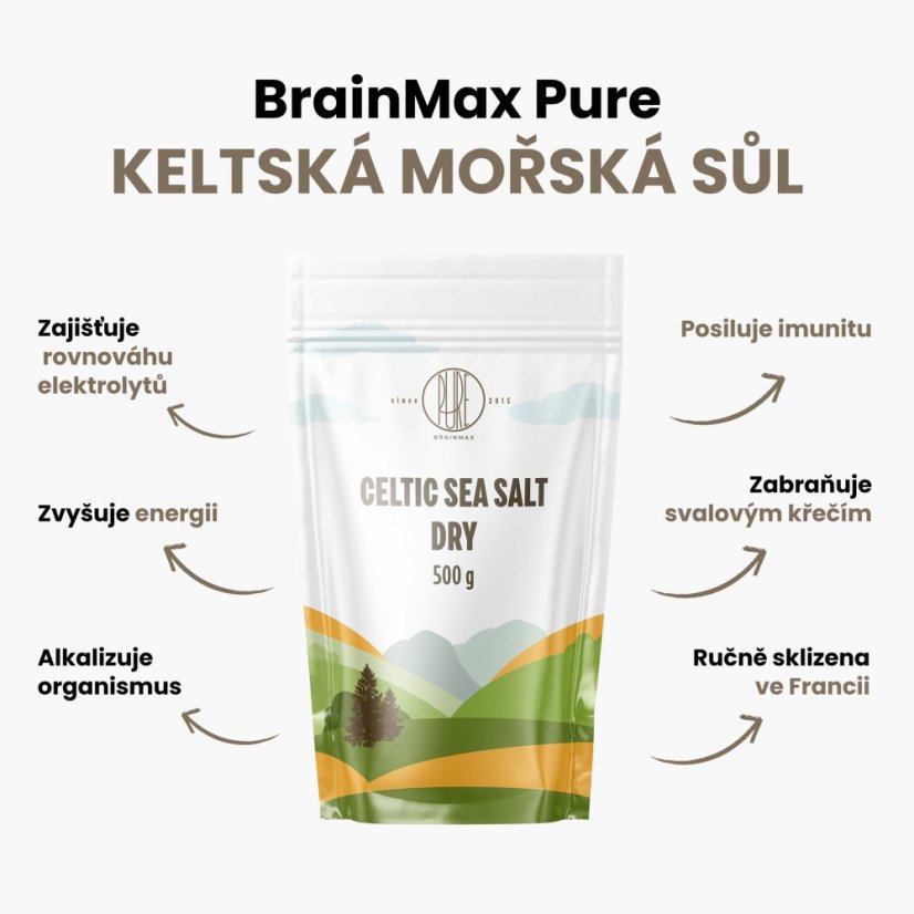 BrainMax Pure Celtic Sea Salt, Dry, Keltská mořská sůl, suchá, 500 g